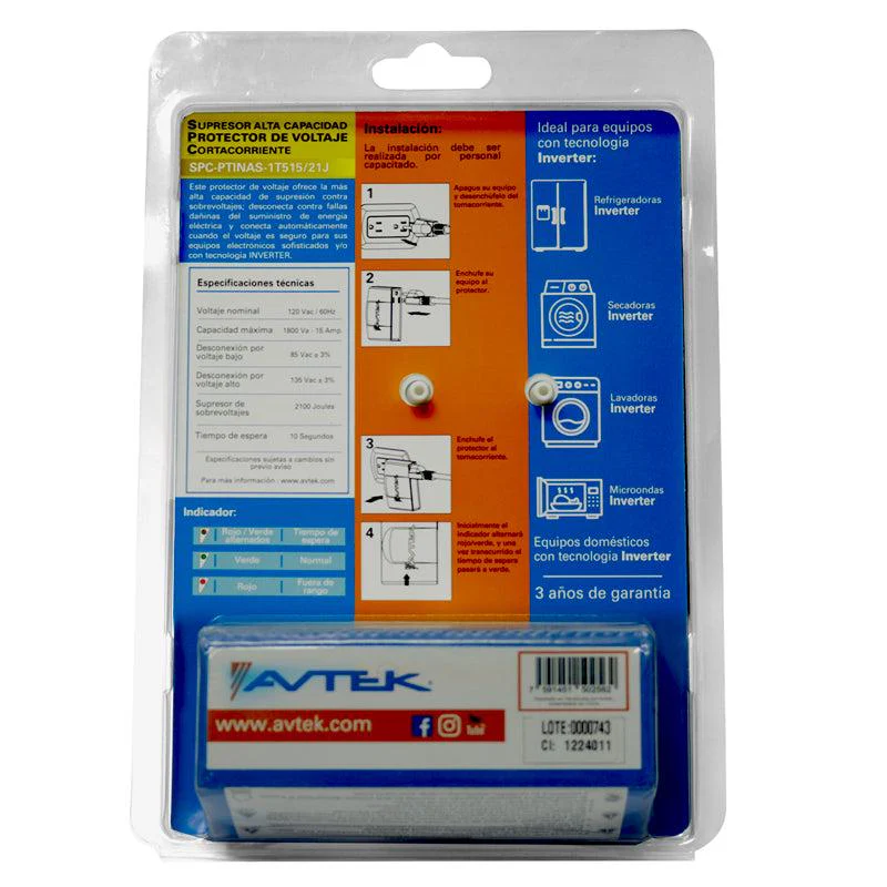 AVTEK PROTECTOR Y SUPRESOR DE VOLTAJE DE ALTA CAPACIDAD PARA EQUIPOS INVERTER 120VAC-2100 JOULES SPC-PTINAS-1T515/21J - Image 2