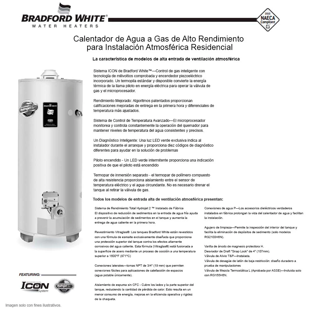 Calentador de agua a gas de 100gl. RG-2-100H6 BRADFORD WHITE - Image 4