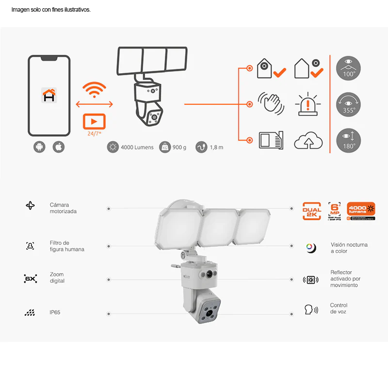 Cámara Smart Wi-Fi de doble lente con reflector NHC-FP50DL Nexxt. Alta intensidad luminaria 4000 lúmenes de poder y seguridad - Image 4