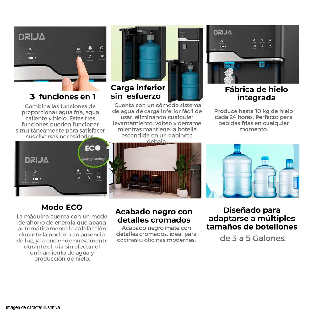 Dispensador de agua LUSSO Drija 20 galones carga inferior panel táctil 3 funciones en 1 (agua fría, agua caliente y hielo) - Image 3