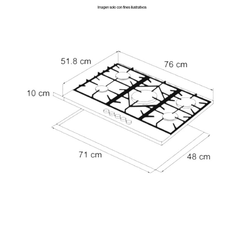 Estufa a gas 30" (76cm) Modelo FERRARA 76 PRO-B, Diseño de 5 quemadores SABAF de aluminio, superficie de vidrio templado negro. - Image 3