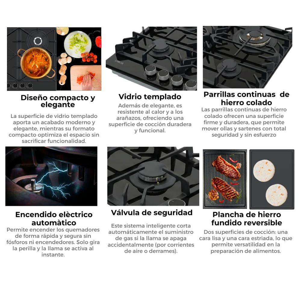 Estufa a gas vitrocerámica Toscana 60 Pro, Drija. 4 quemadores SABAF, válvula de seguridad, encendido eléctrico. - Image 5