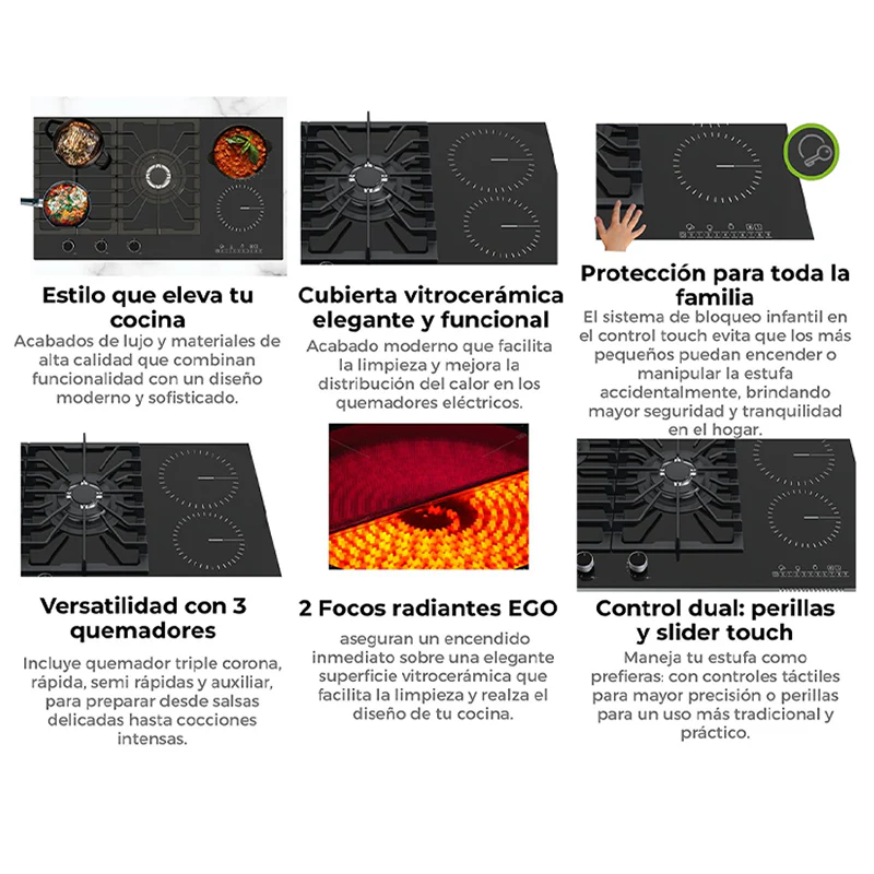 Estufa empotrable Dual - Gas y eléctrica (76cm) Sicilia Touch 76, 5 quemadores acabado de vitrocerámica Drija - Image 3