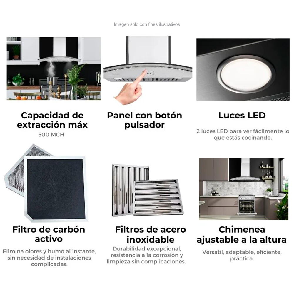 Extractor de grasa 29" (75cm) Galaxy 76 Black Drija, 2 chimeneas, 2 filtros de acero inoxidable, 1 filtro de carbón activo, extracción de 500MHC, 3 velocidades. - Image 3