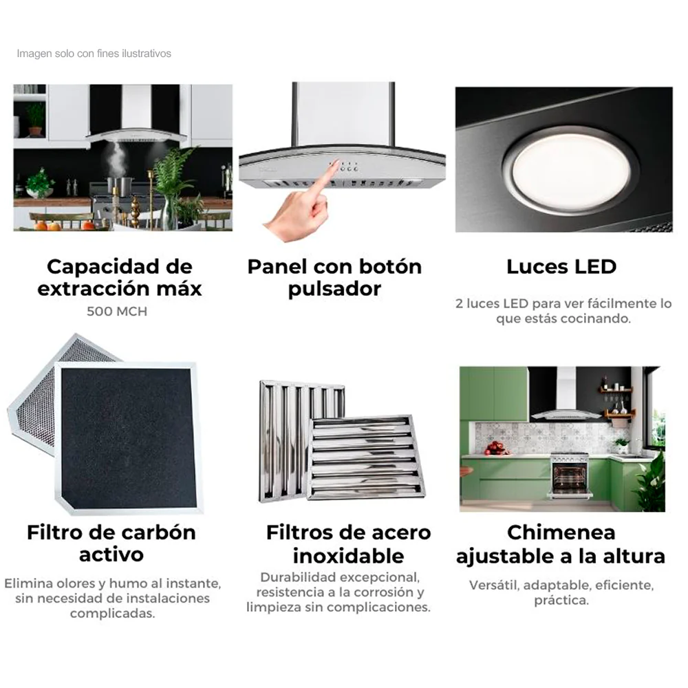 Extractor de grasa 35" (89.5cm) Galaxy 90 Black Drija, 2 chimeneas, 2 filtros de acero inoxidable, 1 filtro de carbón activo, extracción de 500MHC, 3 velocidades. - Image 3
