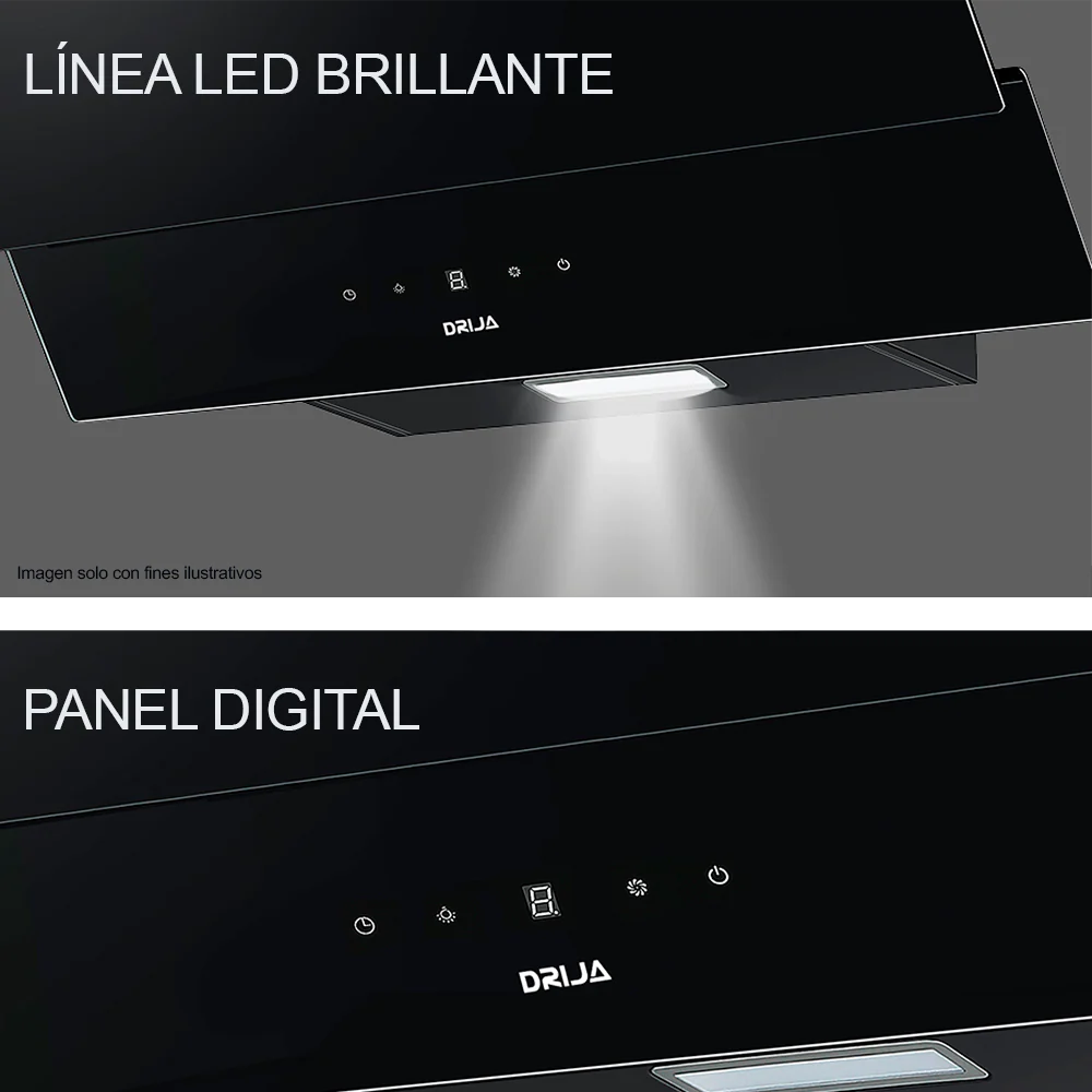 Extractor de grasa 75cm, Rectángulo 76 Black, Drija. Diseño inclinado acabado vidrio templado negro, extracción 400MCH 110-127V-60hz - Image 3