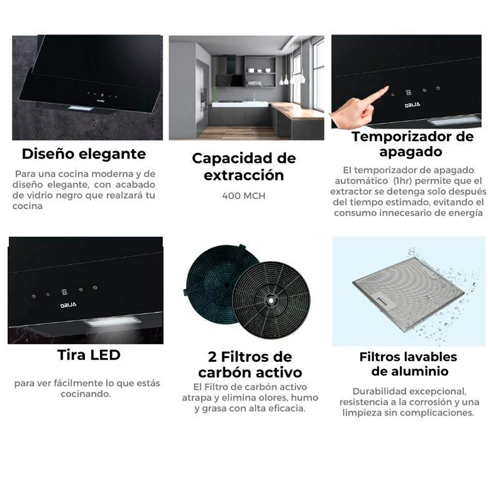 Extractor de grasa 75cm, Rectángulo 76 Black, Drija. Diseño inclinado acabado vidrio templado negro, extracción 400MCH 110-127V-60hz - Image 4