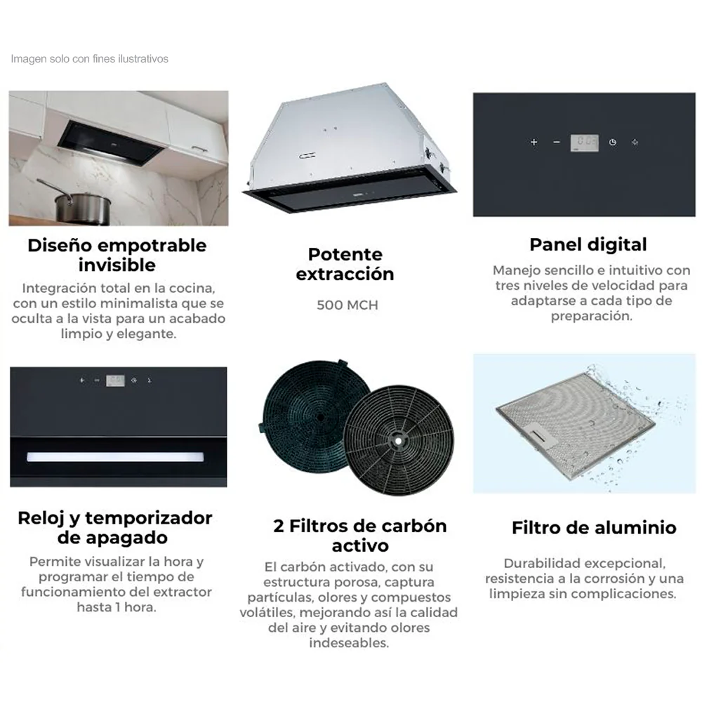 Extractor de grasa empotrable 33" Sottile 90-B. Drija, vidrio negro recirculante, panel pantalla digital, temporizador automático 3 velocidades - Image 3