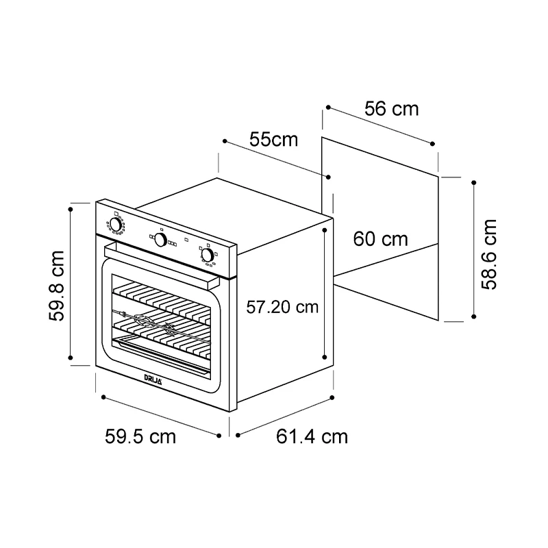 Horno empotrable a gas Drija Europa 60, diseño minimalista, 72 litros (2.54pc) 2 quemadores, válvula de seguridad, triple vidrio en puerta. - Image 3