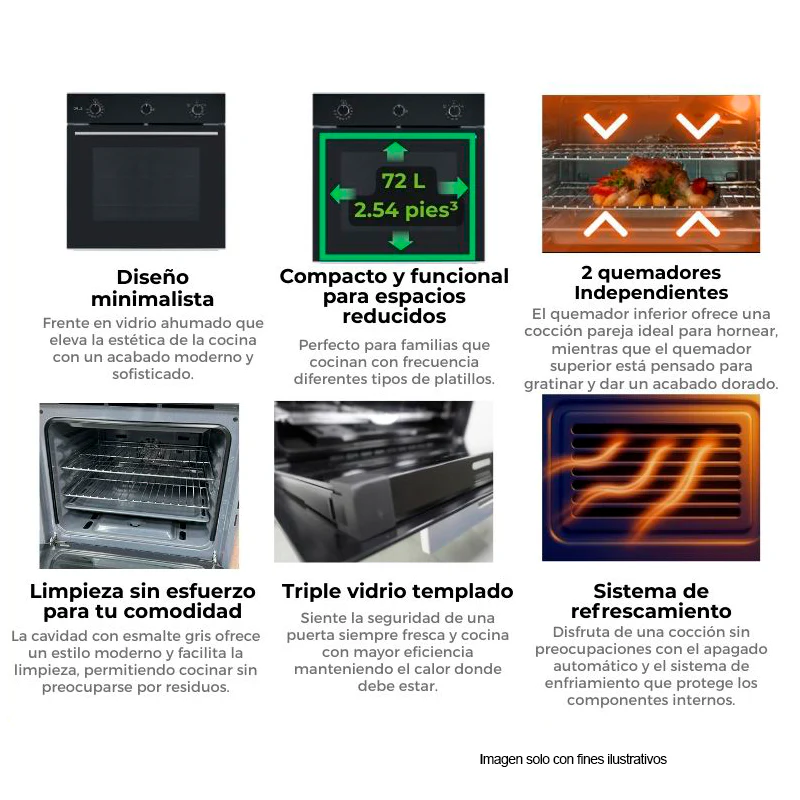 Horno empotrable a gas Drija Europa 60, diseño minimalista, 72 litros (2.54pc) 2 quemadores, válvula de seguridad, triple vidrio en puerta. - Image 4