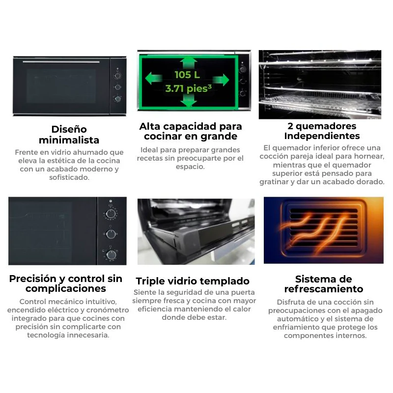 Horno empotrable a gas AMÉRICA 90 GAS-A Capacidad de 105 litros (3.71pc) diseño minimalista, triple vidrio templado en puerta, encendido eléctrico. - Image 4