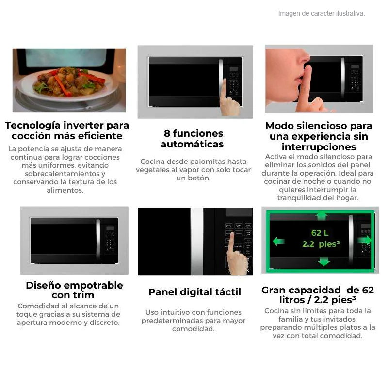 Horno microondas empotrable inverter VENETO 62L BLACK-I, 62 litros, Trim de acero inoxidable, panel digital, 8 funciones automáticas. - Image 4