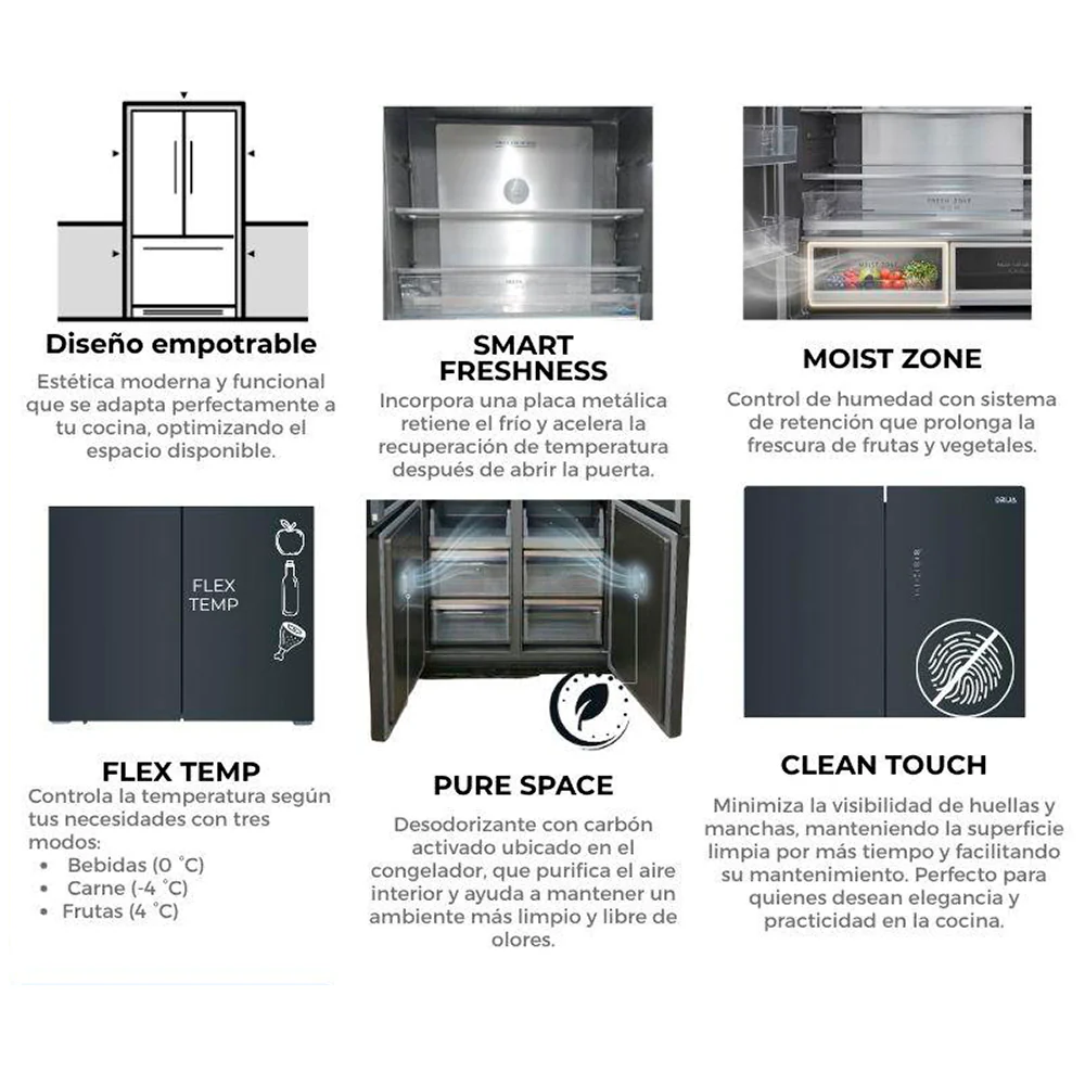 Refrigerador y congelador empotrable 18.4pc, DARK-I 18CD4P Drija, color acero negro pulido mate, Control digital, iluminación LED, compresor inverter - Image 4