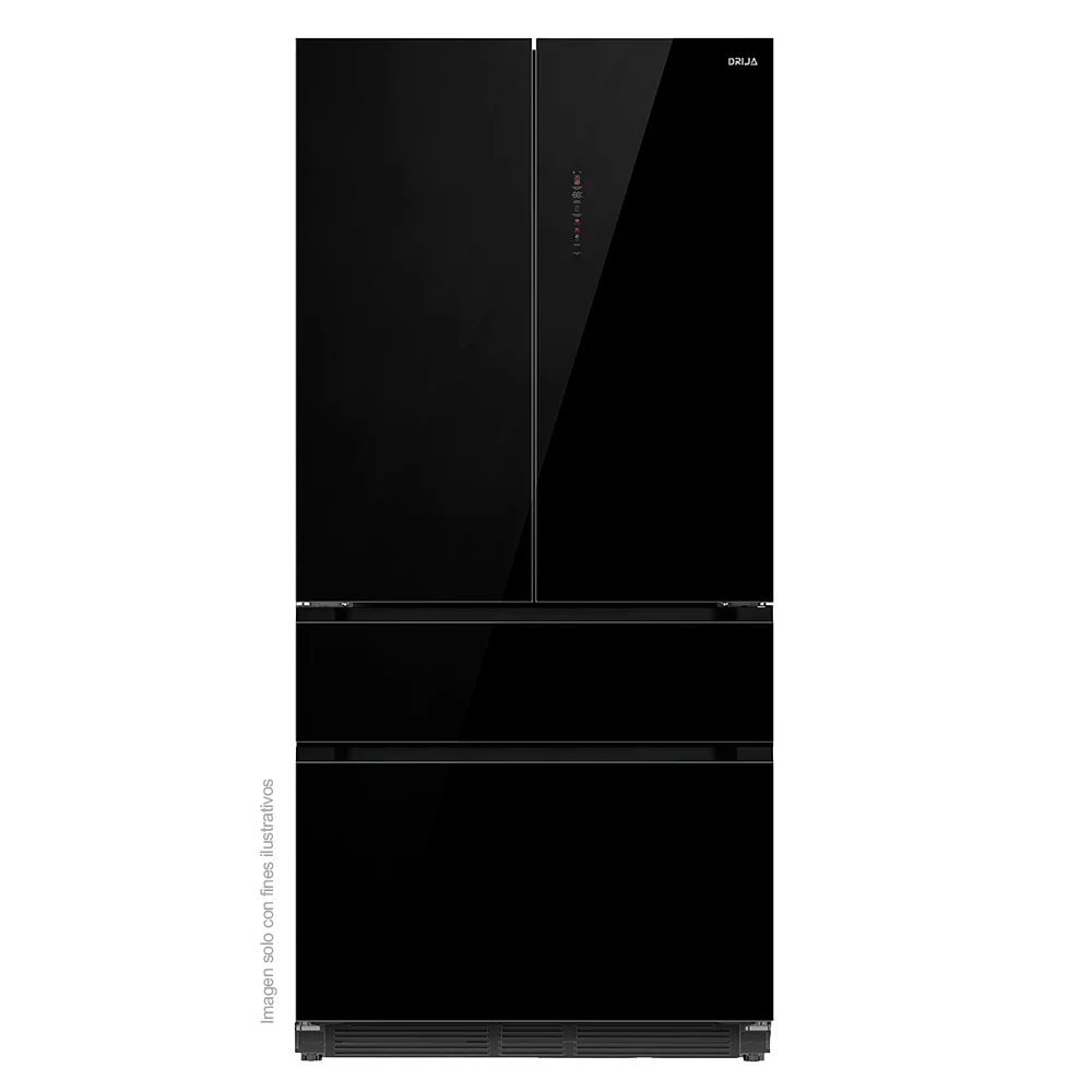 Refrigerador Congelador, diseño empotrable, Glass-B 18FD4P capacidad de 18.1pc / 520 litros, puerta acabado espejo negro, compresor inverter.