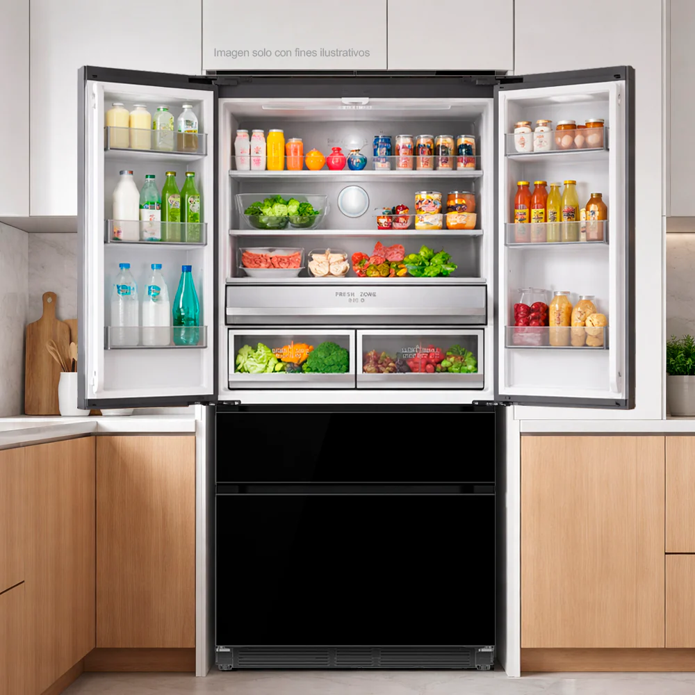 Refrigerador Congelador, diseño empotrable, Glass-B 18FD4P capacidad de 18.1pc / 520 litros, puerta acabado espejo negro, compresor inverter. - Image 4