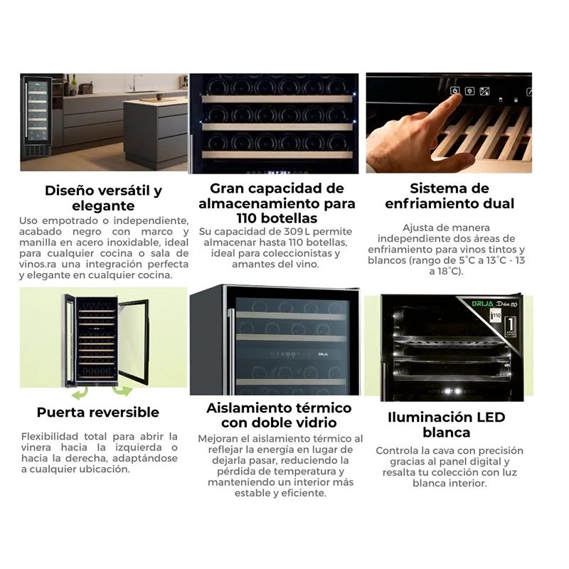 Vinera empotrable DOLCE 110 Drija, capacidad de 110 botellas, diseño versátil y elegante, control táctil (pantalla LED) sistema de enfriamiento dual, puerta reversible, 115V-60Hz - Image 3