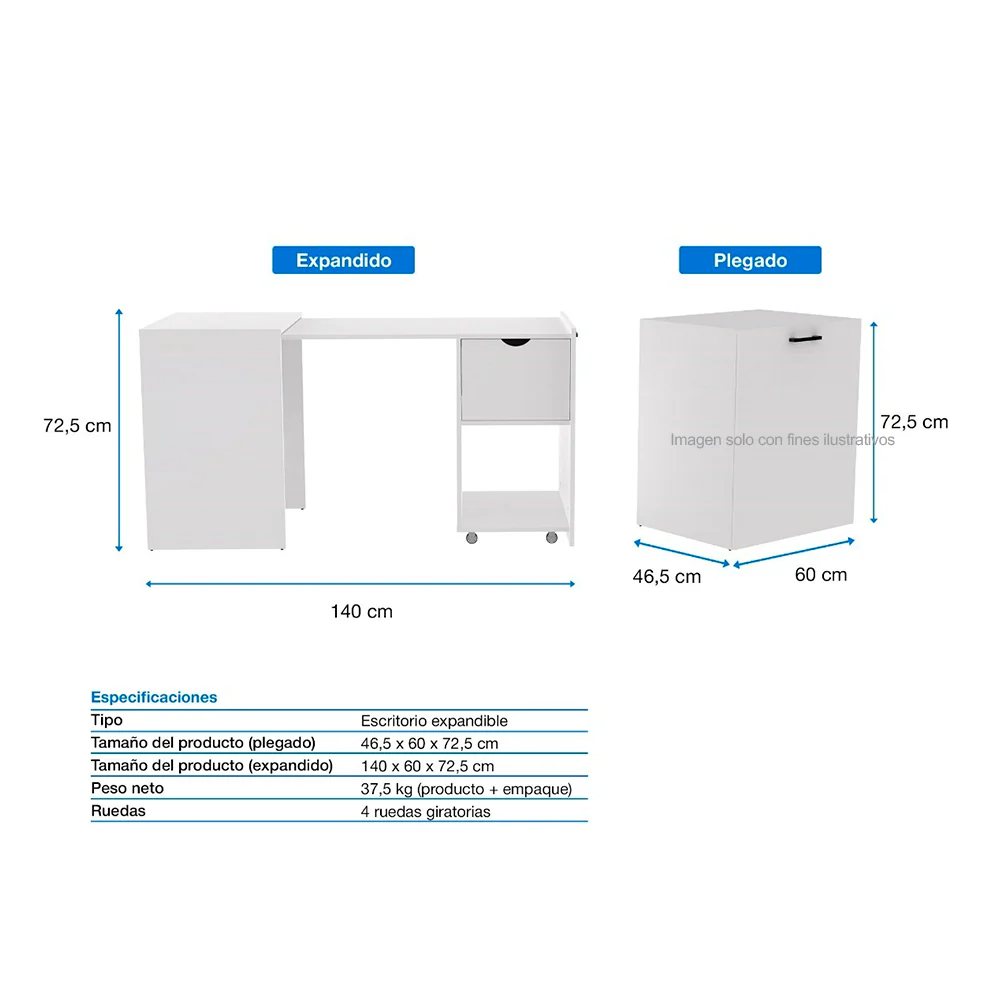 Escritorio XTF-CD210 plegable, color blanco, amplia superficie de trabajo, moderno y funcional. - Image 3