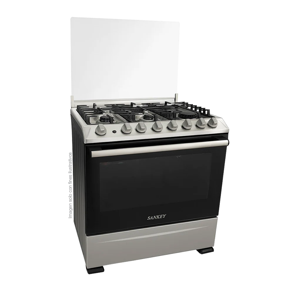 Estufa a gas 30" modelo LYRA GSS6, Sankey, 6 quemadores, sobre de acero inoxidable, horno de 120 litros, temporizador.