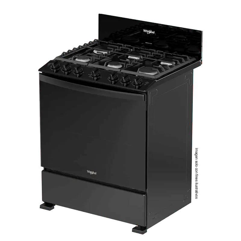 Estufa a gas de 30" LWFR3400B Whirlpool, cubierta porcelanizada, 6 quemadores, respaldo de cristal templado.