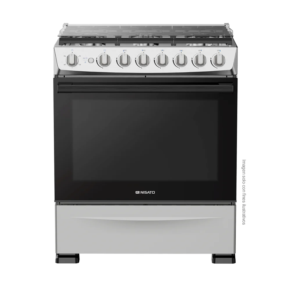 Estufa a gas de 30" NE-7774TVDM Nisato, 6 quemadores, acero inoxidable, encendido eléctrico.