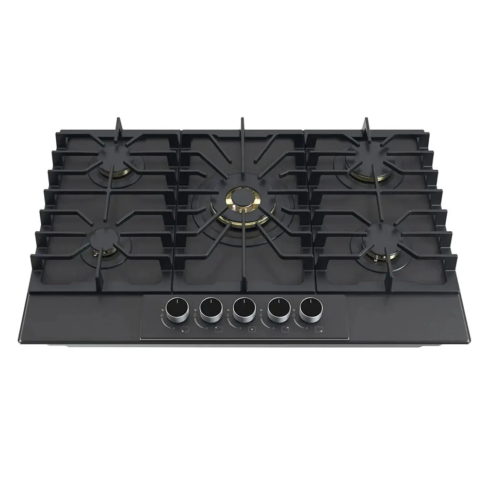 Estufa empotrable a gas Italia 76 Drija Vitroceramica negro mate de 76cm perillas de lujo 5 quemadores.