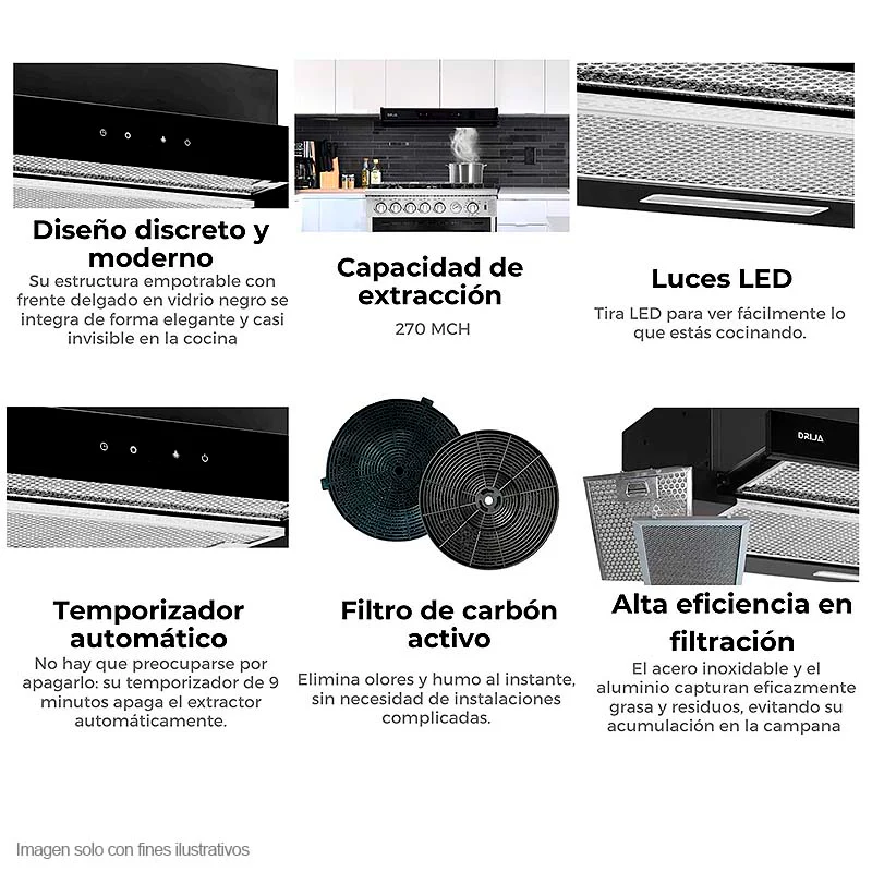 Extractor de grasa empotrable Retráctil Touch 76 Black Drija, Tamaño 75.8cm, panel touch, temporizador, 3 velocidades. - Image 3