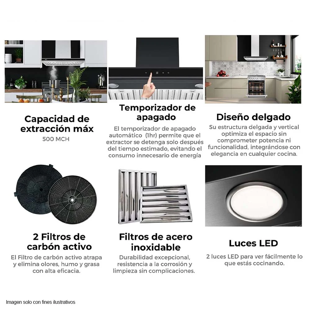 Extractor de grasa QUADRATO 90 campana 90cm Drija, diseño delgado panel digital - Image 3