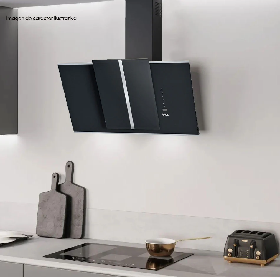 Extractor de grasa TRIANGOLO 76 Drija color vidrio negro con bordes acero inoxidable panel digital reloj digital - Image 3