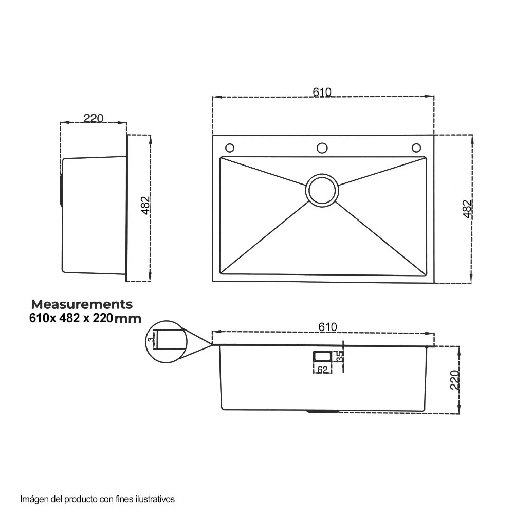 Fregador de 61cm modelo BOLONIA 61 acero inoxidable satinado - Image 3