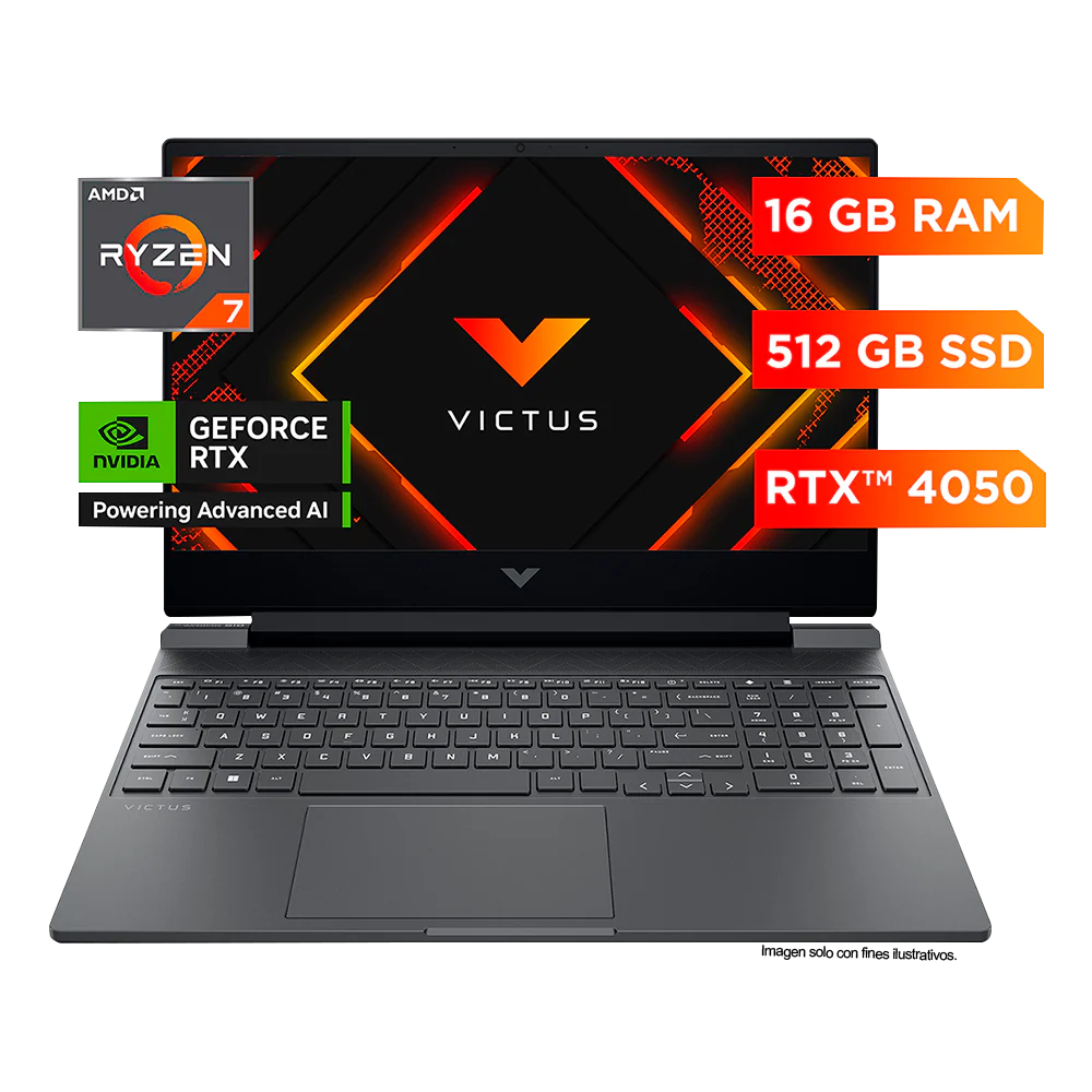 Laptop Gaming Victus 15-fb3021la, AMD Ryzen 7, 16 GB RAM, NVIDIA GeForce RTX 4050, 512 GB SSD, 15.6" FHD 144 Hz, Windows 11 Home incluye Hyperx cloud III wireless black
