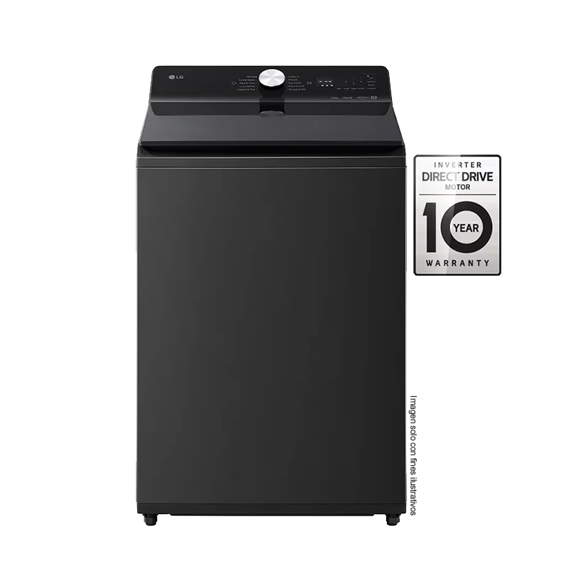 Lavadora 22kg carga superior | WT220BTX6 LG | sistema TurboWash | panel LED táctil | color negro | motor inverter con 10 años de garantía.