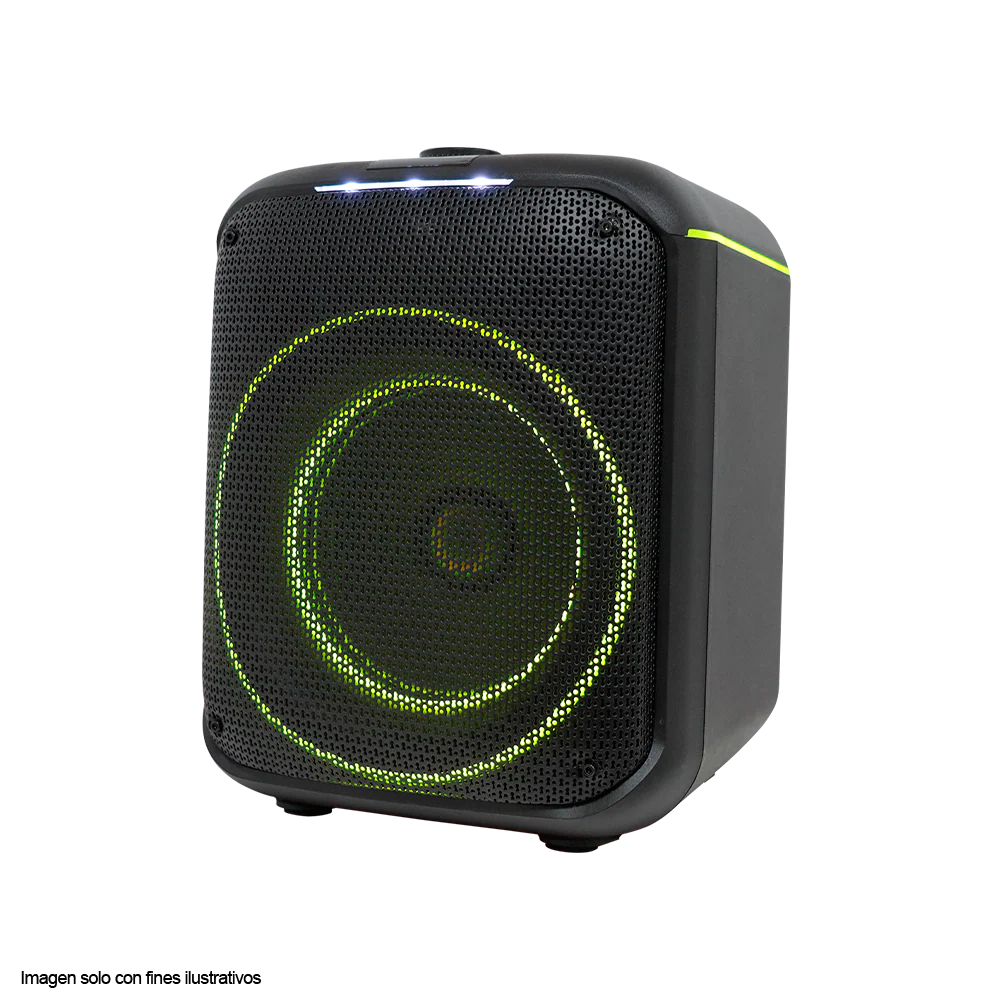 Bocina portátil Out mini one, MY-PS93T-LABR, audio con hasta 4 horas de reproducción, Luz LED, micrófono con cable, bluetooth TWS, radio FM.