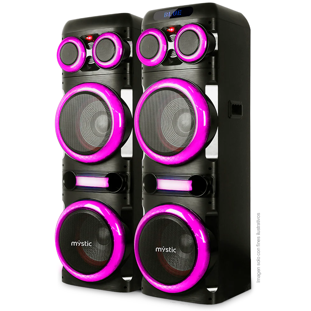 Sound max three, MYPS993U Mystic 120W RMS x 2, audio con Bluetooth, Micrófono inalámbrico UHF, Radio FM, Luz LED.
