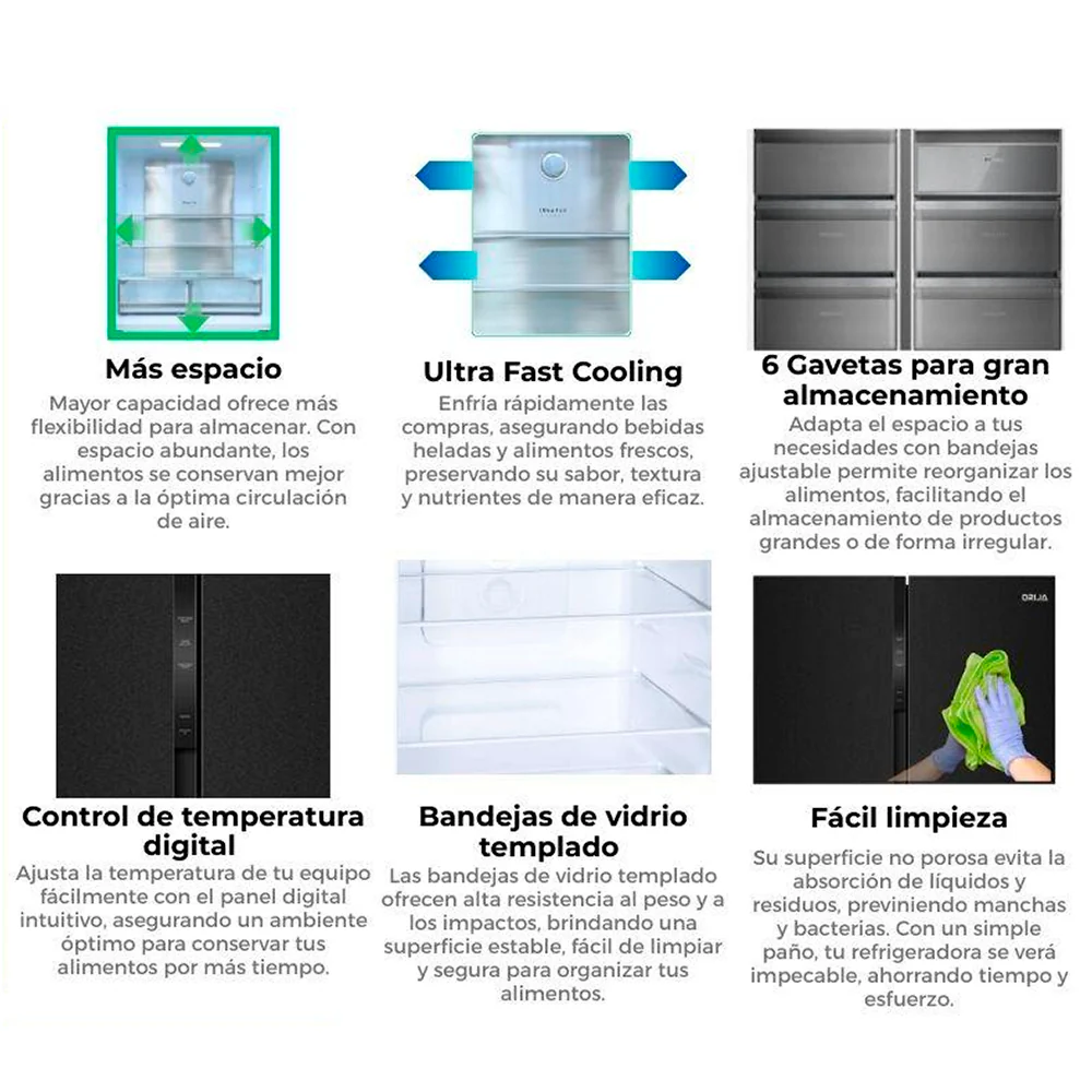 Refrigeradora y congelador Drija BLACK-23, 23pc Drija, puertas acabado vidrio templado | espejo negro - Image 4