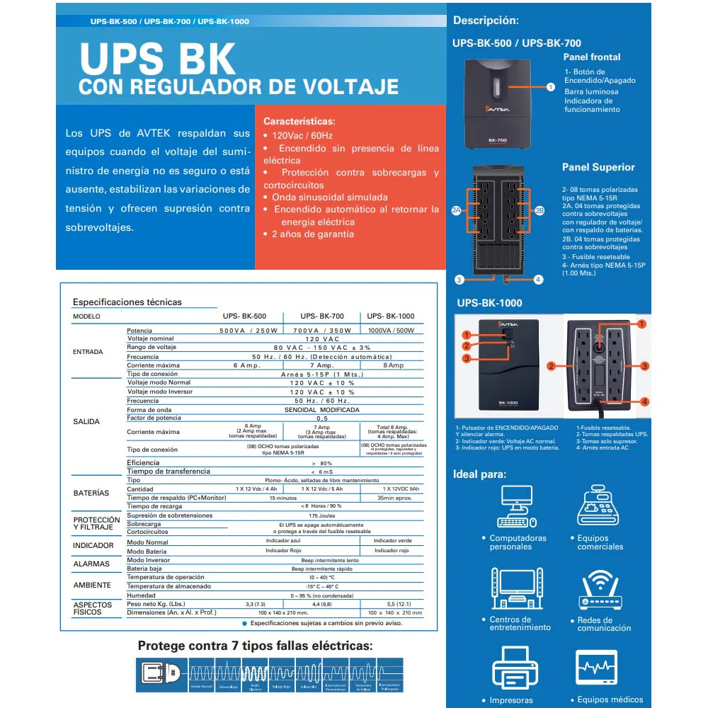 UPS Regulador de voltaje BK-500 Avtek, hasta 500VA/250W 8 tomas Nema 5-15 120V 50-60hz. - Image 2